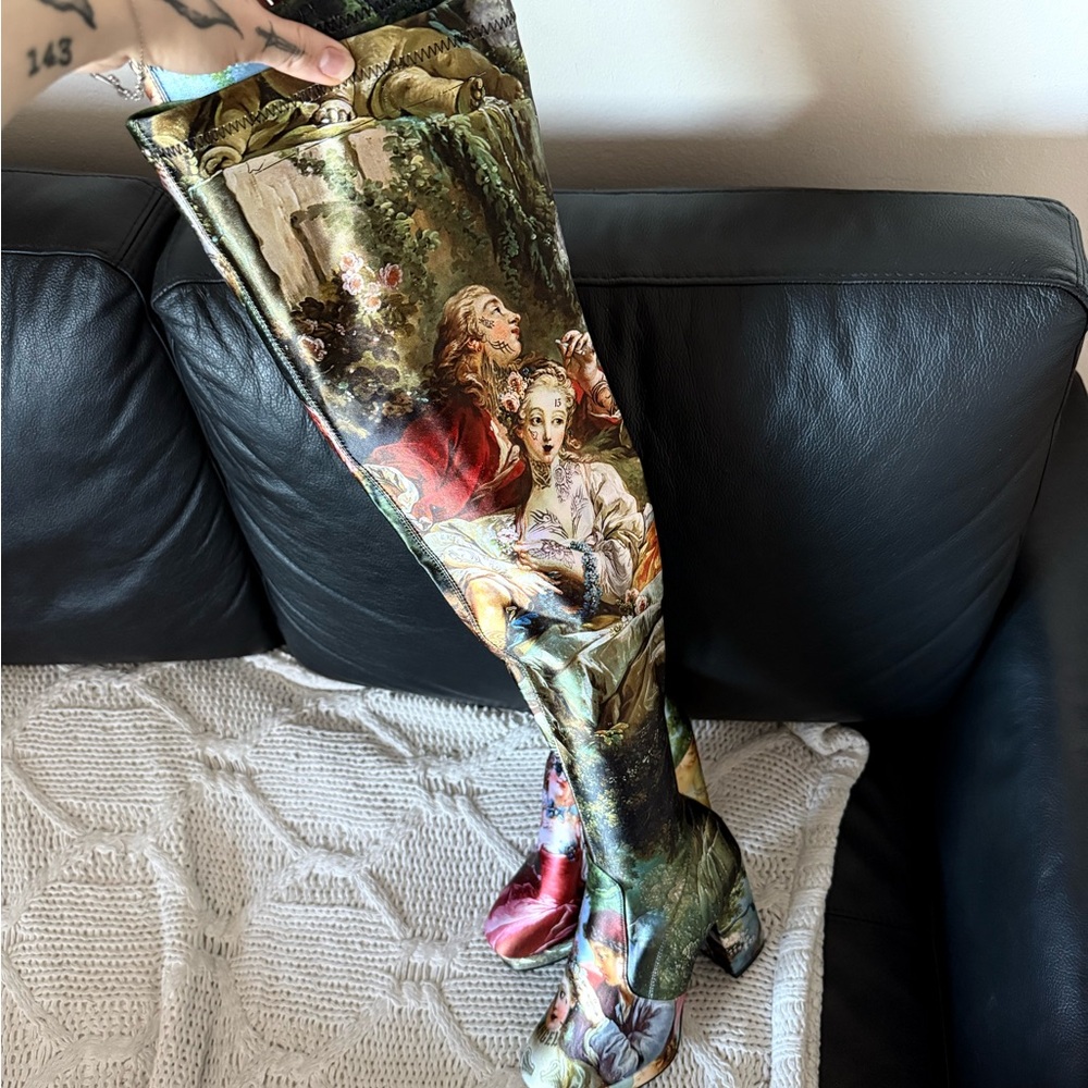 Dolls Kill Multi-Color Classical Print Over-the-Knee Platform Boots - Picture 2 of 8
